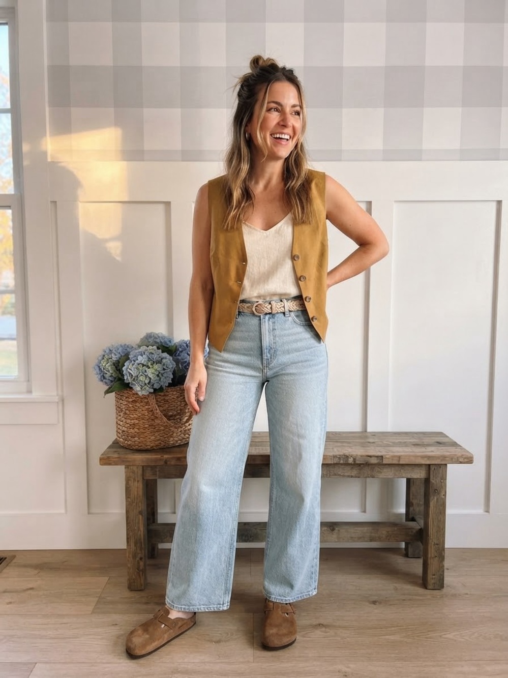 Zara Mustard Buttoned Vest with Cream Tank Top Medium